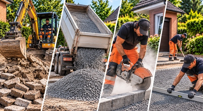 Pflasterarbeiten Hamburg: Bagger entfernt alte Pflastersteine, Lkw liefert Splitt, Handwerker schneiden Bordsteine und ziehen Splitt glatt.