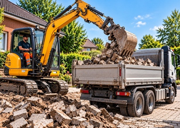 Bagger lädt alte Pflastersteine auf einen Lkw beim Rückbau einer Einfahrt in Hamburg.