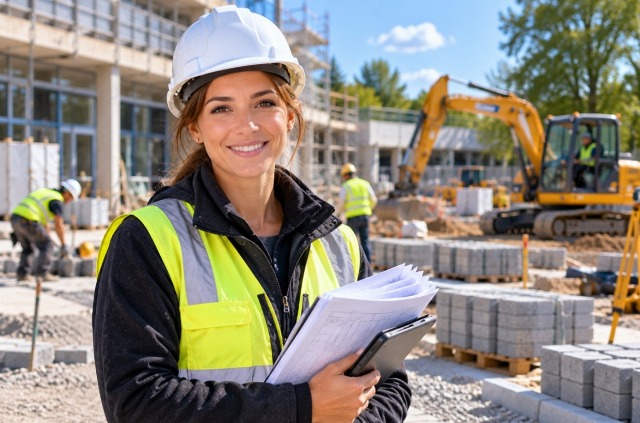 Freundlich lächelnde Bauleiterin mit weißem Schutzhelm, Warnweste, Bauplänen und Tablet auf einer Baustelle in Hamburg. Im Hintergrund arbeiten Pflasterleger neben einem Bagger und Paletten mit Betonpflastersteinen.