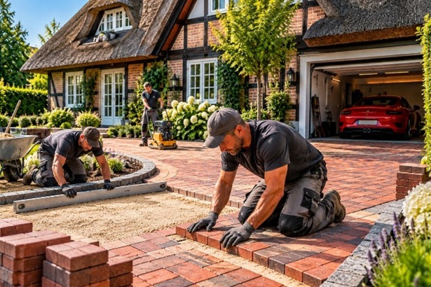 Pflasterarbeiten an einer Hauseinfahrt in Hamburg. Handwerker verlegen rotbraune Pflasterklinker vor einem Fachwerkhaus mit Reetdach.