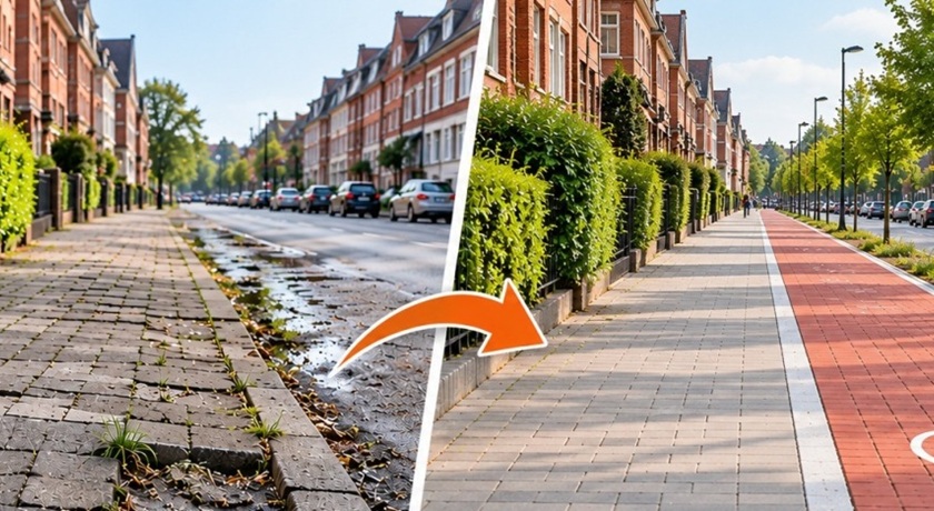 Vorher-Nachher-Vergleich eines Gehwegs in Hamburg. Links altes, beschädigtes Pflaster mit Pfützen. Rechts neuer Gehweg aus grauen Betonsteinen mit rotem Radweg.
