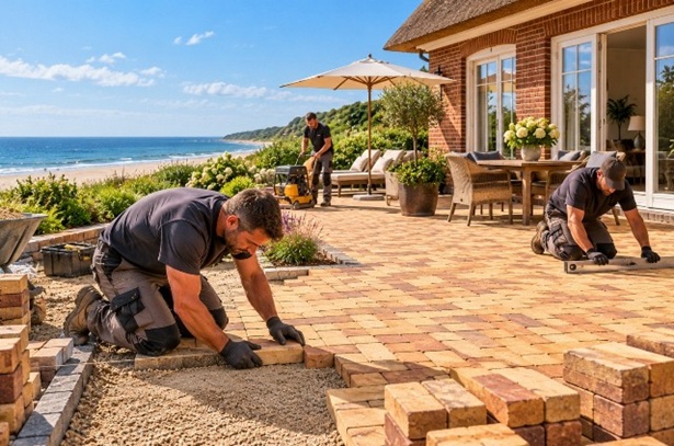 Drei Handwerker verlegen gelbrote Pflasterklinker auf einer Terrasse vor einem Klinkerhaus mit Meerblick. Pflasterarbeiten für Terrassen und Außenflächen.